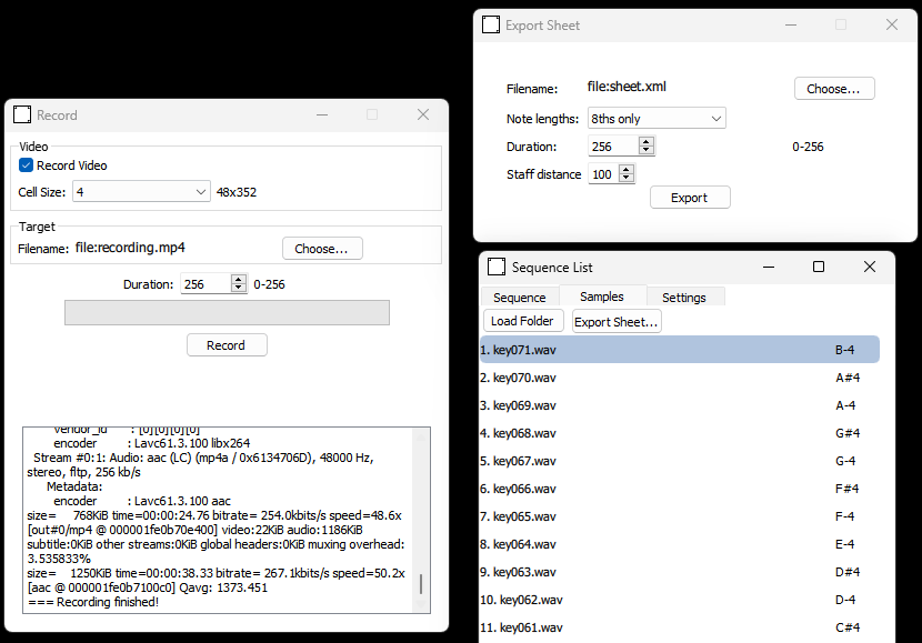 Video recorder, sheet exporter and sequence list windows