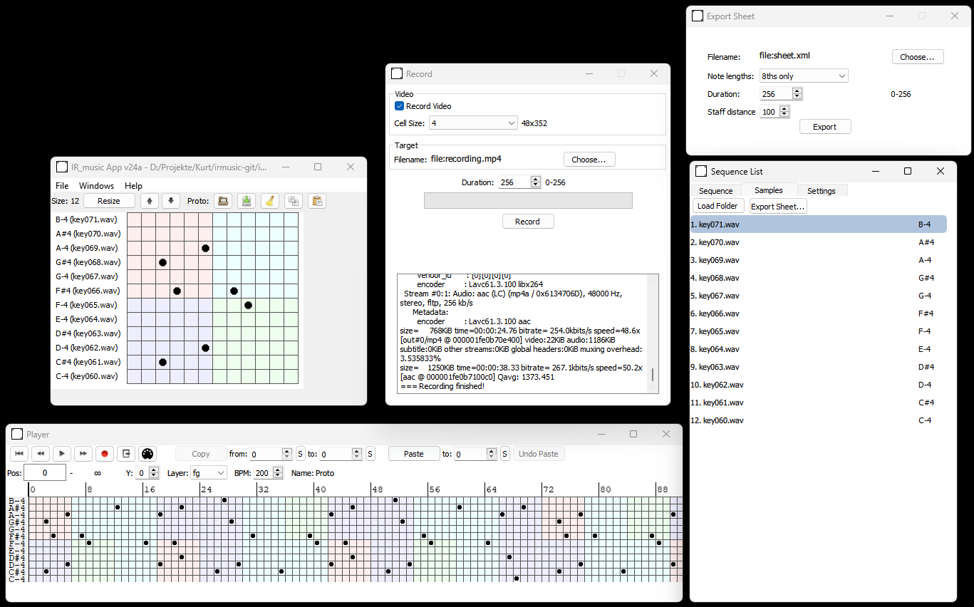 Composer, player, record, export sheet, and settings windows next to each other